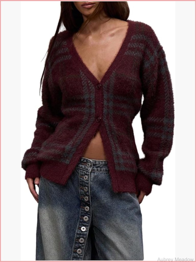 Button Down Checkered Long Sleeve Fuzzy Cardigan V Neck Drop Shoulder Knit